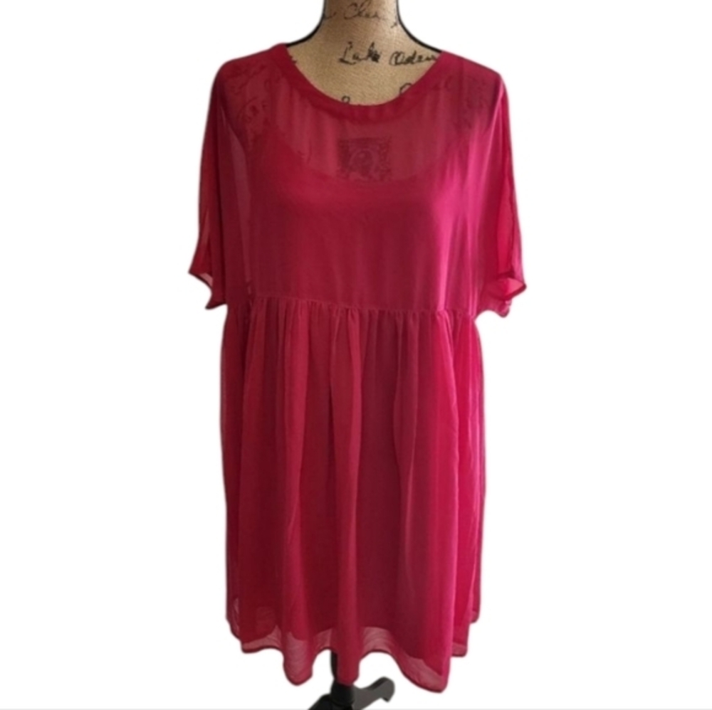 Asos Hot Pink Sheer Babydoll Dress Short Sleeve Lightweight Casual Flowy Size 10